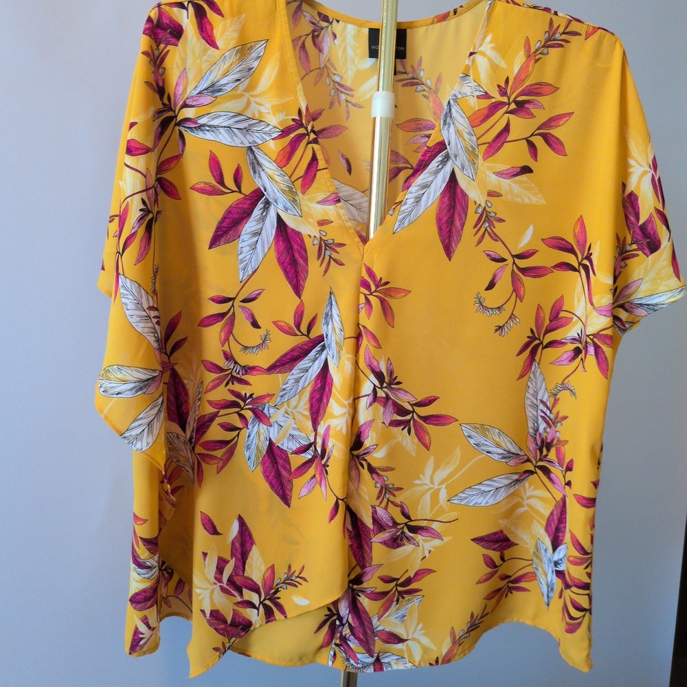 Worthington Blouse Women XL Yellow Floral V-Neck Short Sleeve Tropical Top